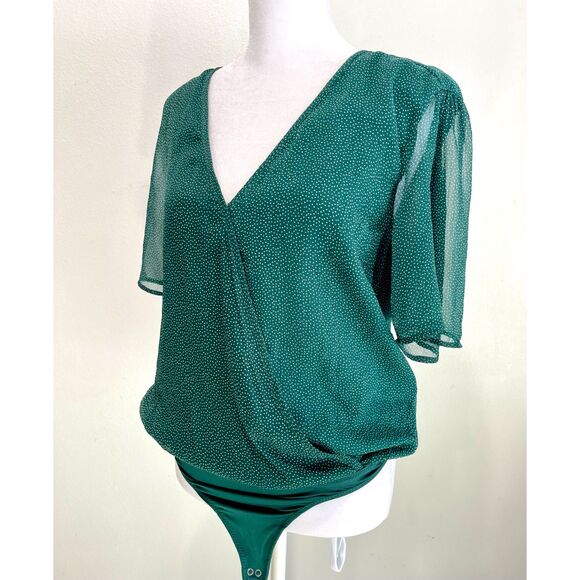 abercrombie and Fitch bodysuit flare sleeve green crossed polka dot womens M New - Picture 1 of 6